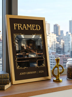 Framed Classic Book Art Print by John Grisham – framed print on a city-view windowsill
