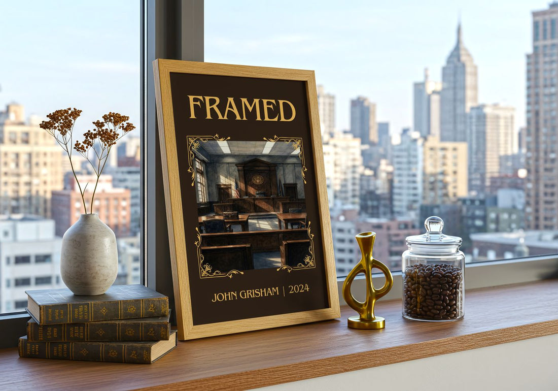 Framed Classic Book Art Print by John Grisham – framed print on a city-view windowsill