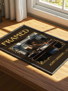 Framed Classic Book Art Print by John Grisham – print on a sunlit desk