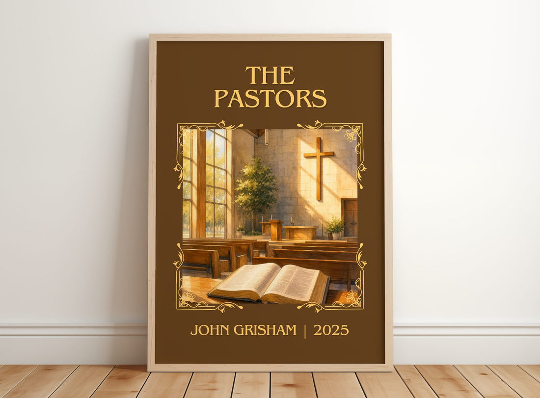 The Pastors Classic Book Art Print by John Grisham – framed print leaning on a wooden floor