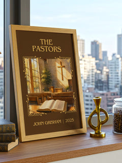 The Pastors Classic Book Art Print by John Grisham – framed print on a city-view windowsill
