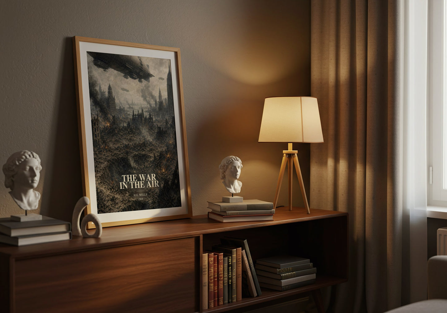 The War In The Air watercolour print on bookshelf – H.G. Wells fan gift