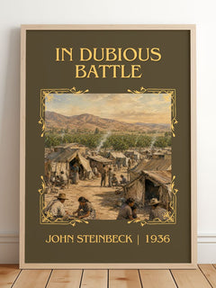 In Dubious Battle Classic Book Art Print by John Steinbeck – framed print leaning on a wooden floor