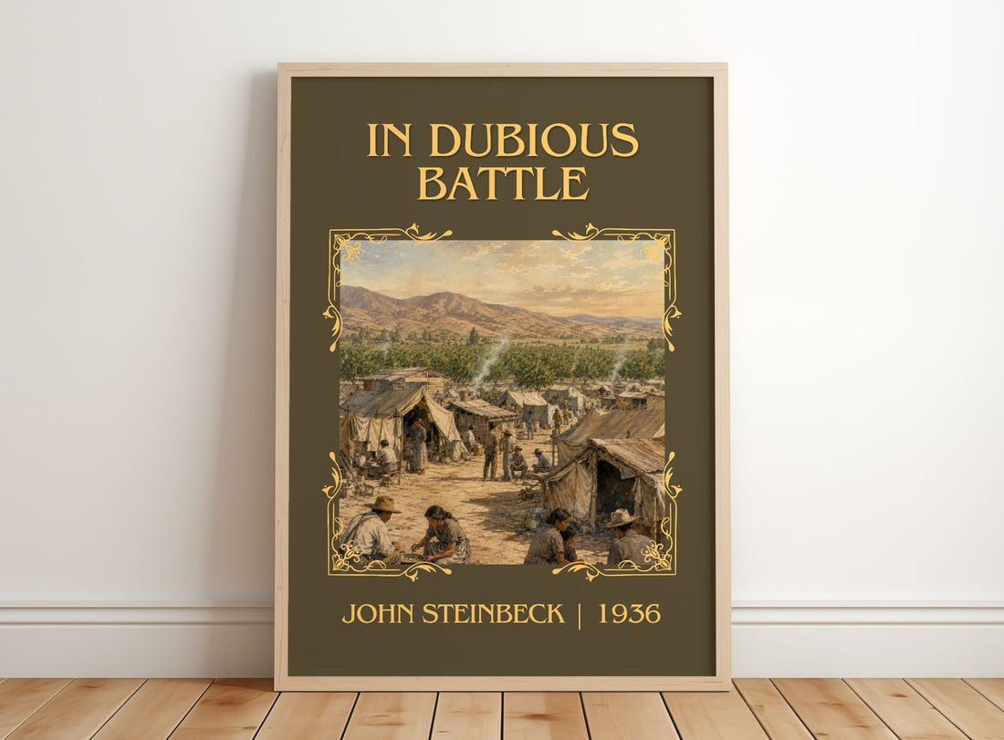 In Dubious Battle Classic Book Art Print by John Steinbeck – framed print leaning on a wooden floor