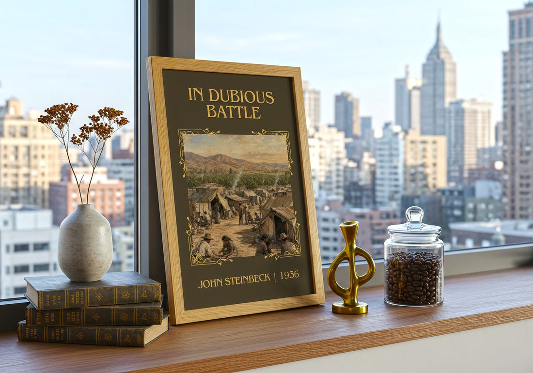 In Dubious Battle Classic Book Art Print by John Steinbeck – framed print on a city-view windowsill
