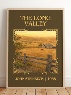 The Long Valley Classic Book Art Print by John Steinbeck – framed print leaning on a wooden floor
