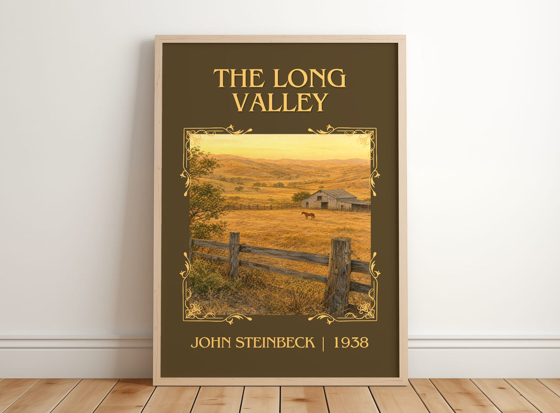 The Long Valley Classic Book Art Print by John Steinbeck – framed print leaning on a wooden floor