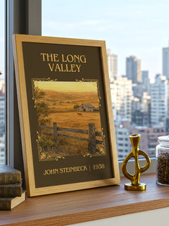 The Long Valley Classic Book Art Print by John Steinbeck – framed print on a city-view windowsill