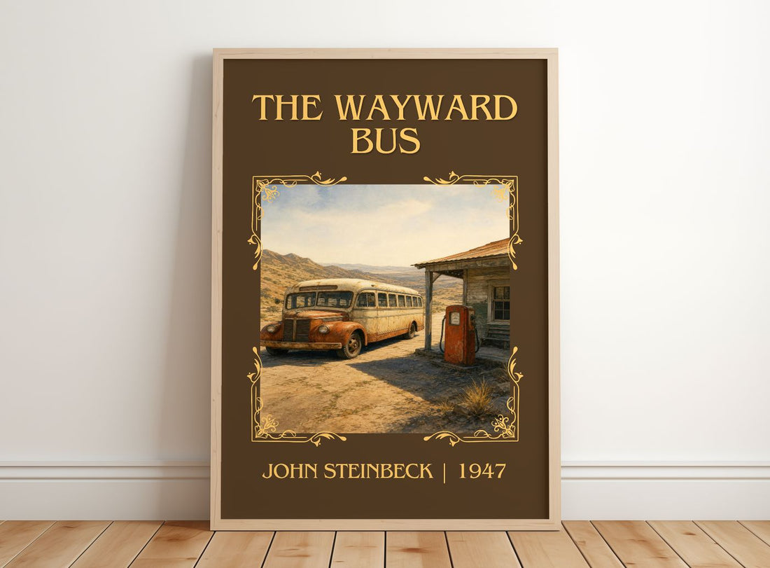 The Wayward Bus Classic Book Art Print by John Steinbeck – framed print leaning on a wooden floor