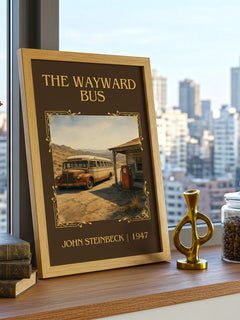 The Wayward Bus Classic Book Art Print by John Steinbeck – framed print on a city-view windowsill
