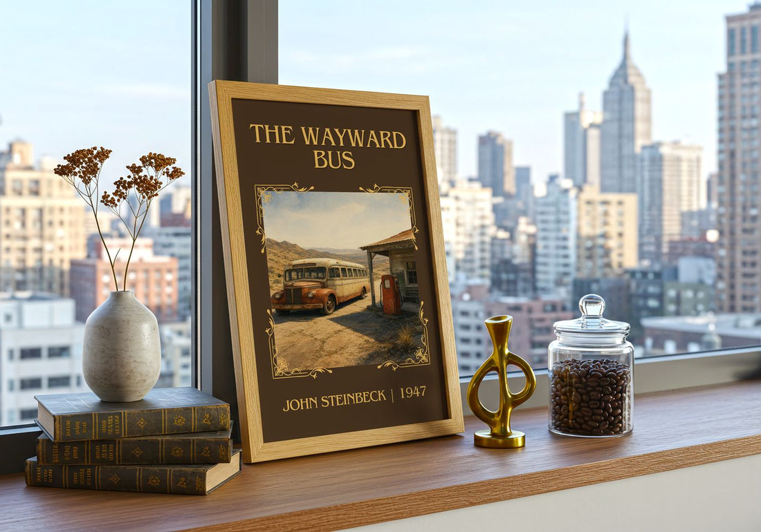 The Wayward Bus Classic Book Art Print by John Steinbeck – framed print on a city-view windowsill