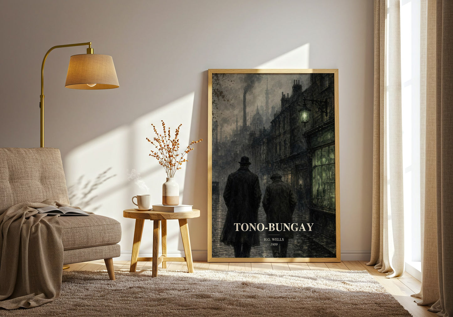 Tono-Bungay watercolour print in frame leaning in hallway – satire wall art