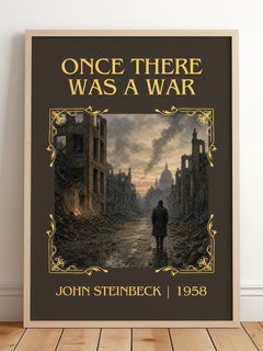 Once There Was A War Classic Book Art Print by John Steinbeck – framed print leaning on a wooden floor