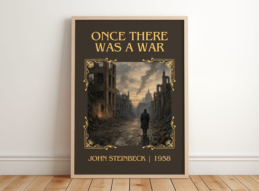 Once There Was A War Classic Book Art Print by John Steinbeck – framed print leaning on a wooden floor