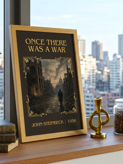 Once There Was A War Classic Book Art Print by John Steinbeck – framed print on a city-view windowsill