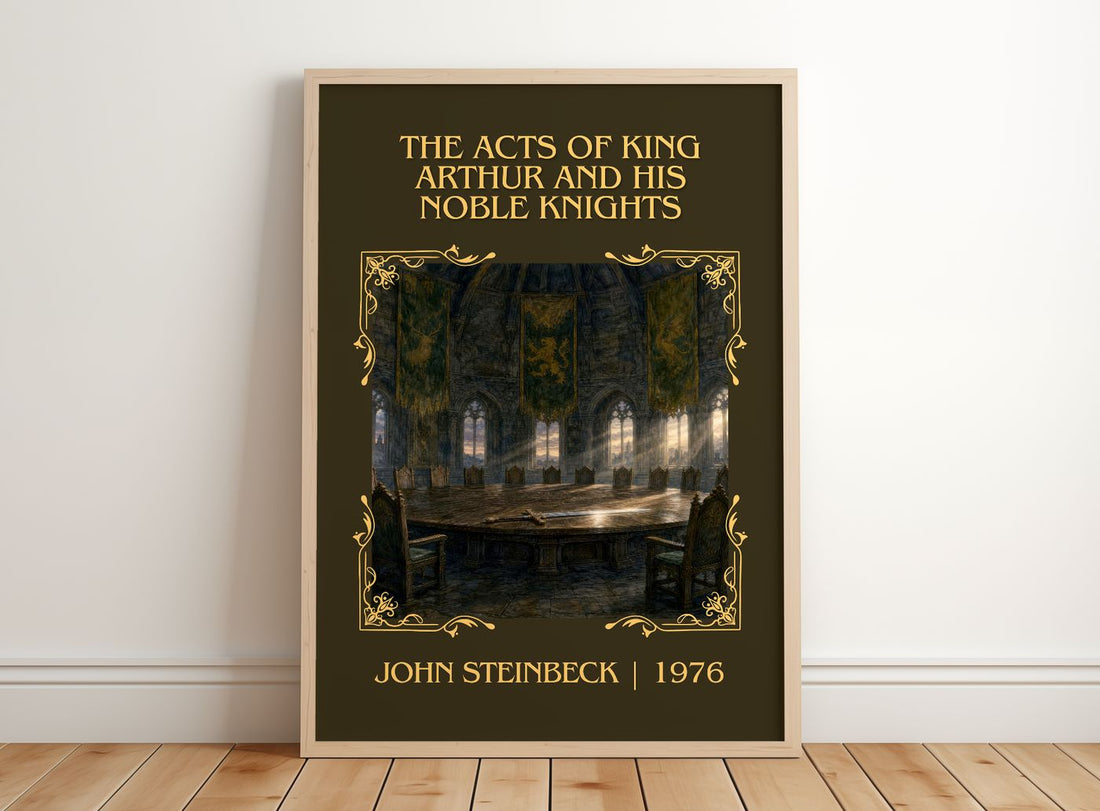 The Acts Of King Arthur And His Noble Knights Classic Book Art Print by John Steinbeck – framed print leaning on a wooden floor