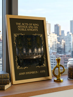 The Acts Of King Arthur And His Noble Knights Classic Book Art Print by John Steinbeck – framed print on a city-view windowsill