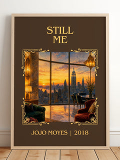 Still Me Classic Book Art Print by Jojo Moyes – framed print leaning on a wooden floor