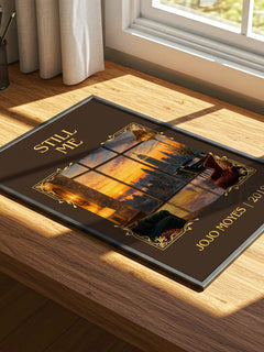 Still Me Classic Book Art Print by Jojo Moyes – print on a sunlit desk