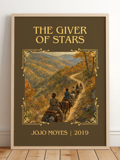 The Giver Of Stars Classic Book Art Print by Jojo Moyes – framed print leaning on a wooden floor