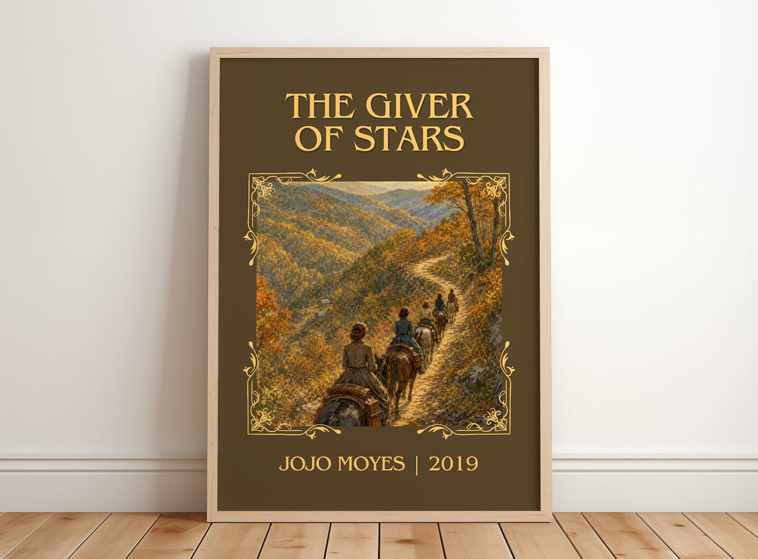 The Giver Of Stars Classic Book Art Print by Jojo Moyes – framed print leaning on a wooden floor