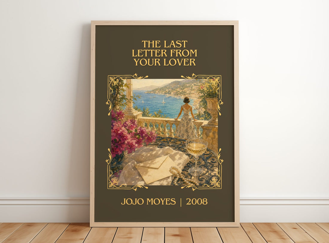 The Last Letter From Your Lover Classic Book Art Print by Jojo Moyes – framed print leaning on a wooden floor