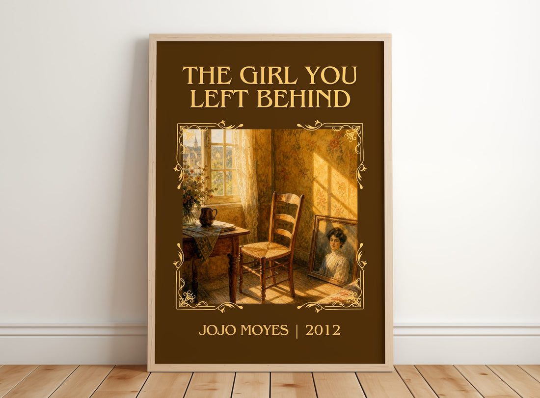 The Girl You Left Behind Classic Book Art Print by Jojo Moyes – framed print leaning on a wooden floor