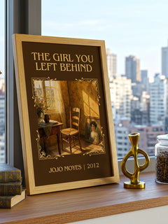 The Girl You Left Behind Classic Book Art Print by Jojo Moyes – framed print on a city-view windowsill