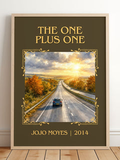 The One Plus One Classic Book Art Print by Jojo Moyes – framed print leaning on a wooden floor