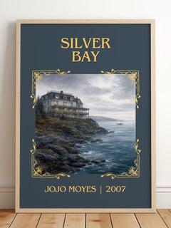 Silver Bay Classic Book Art Print by Jojo Moyes – framed print leaning on a wooden floor