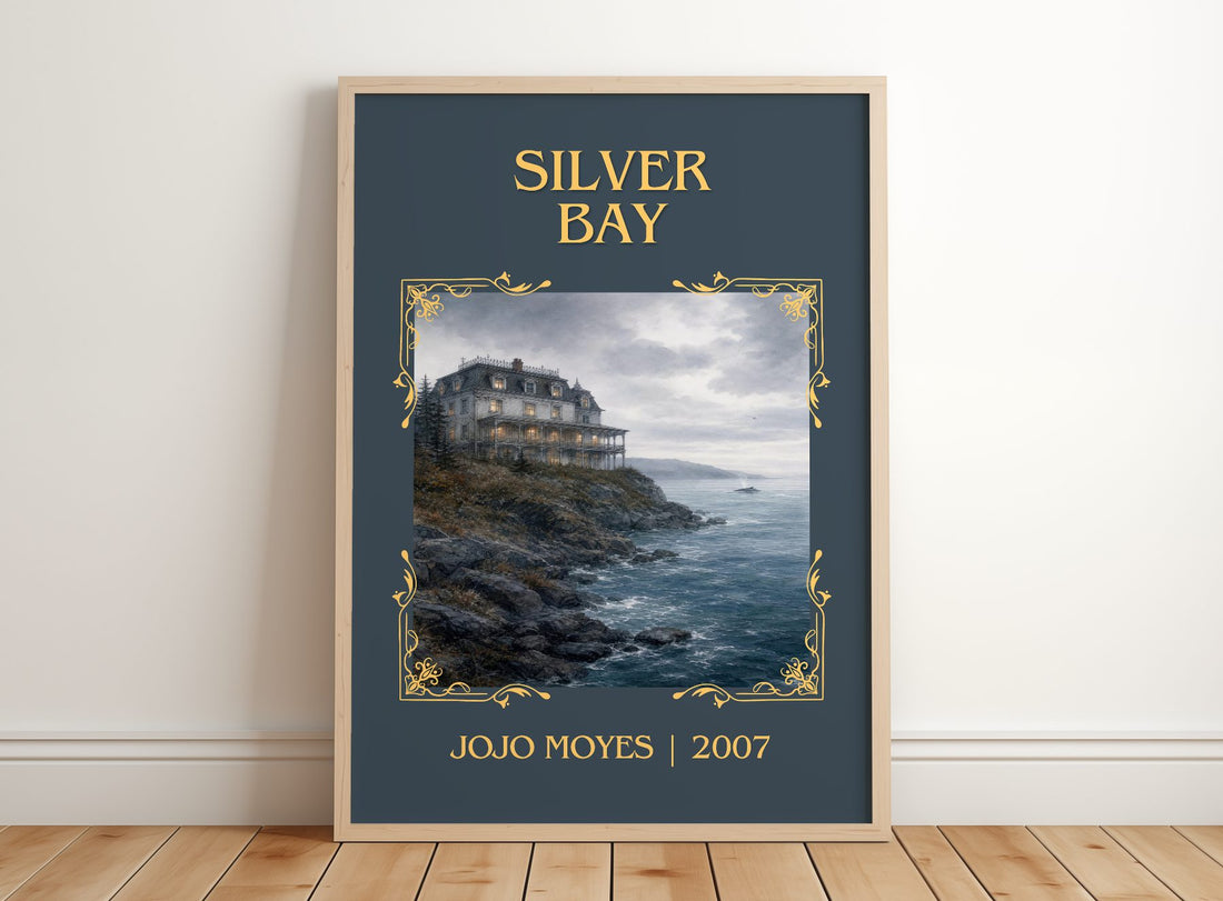 Silver Bay Classic Book Art Print by Jojo Moyes – framed print leaning on a wooden floor