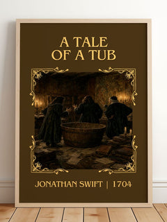 A Tale Of A Tub Classic Book Art Print by Jonathan Swift – framed print leaning on a wooden floor