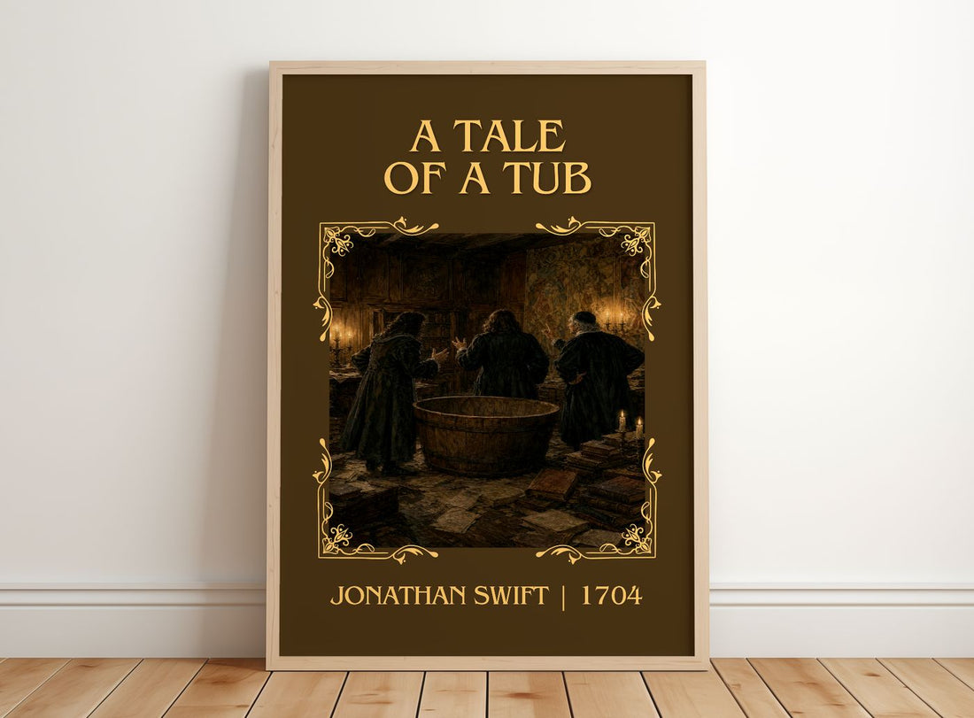 A Tale Of A Tub Classic Book Art Print by Jonathan Swift – framed print leaning on a wooden floor