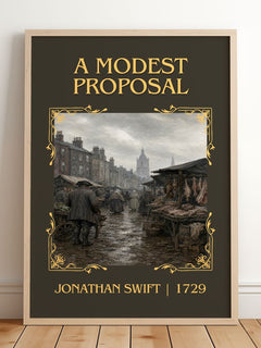 A Modest Proposal Classic Book Art Print by Jonathan Swift – framed print leaning on a wooden floor