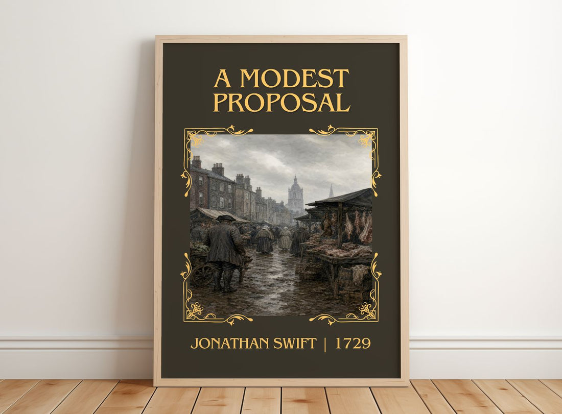 A Modest Proposal Classic Book Art Print by Jonathan Swift – framed print leaning on a wooden floor