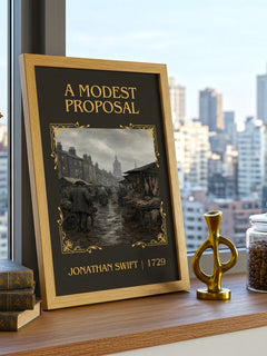 A Modest Proposal Classic Book Art Print by Jonathan Swift – framed print on a city-view windowsill