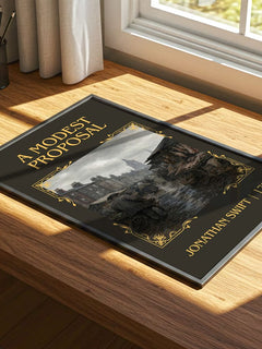 A Modest Proposal Classic Book Art Print by Jonathan Swift – print on a sunlit desk