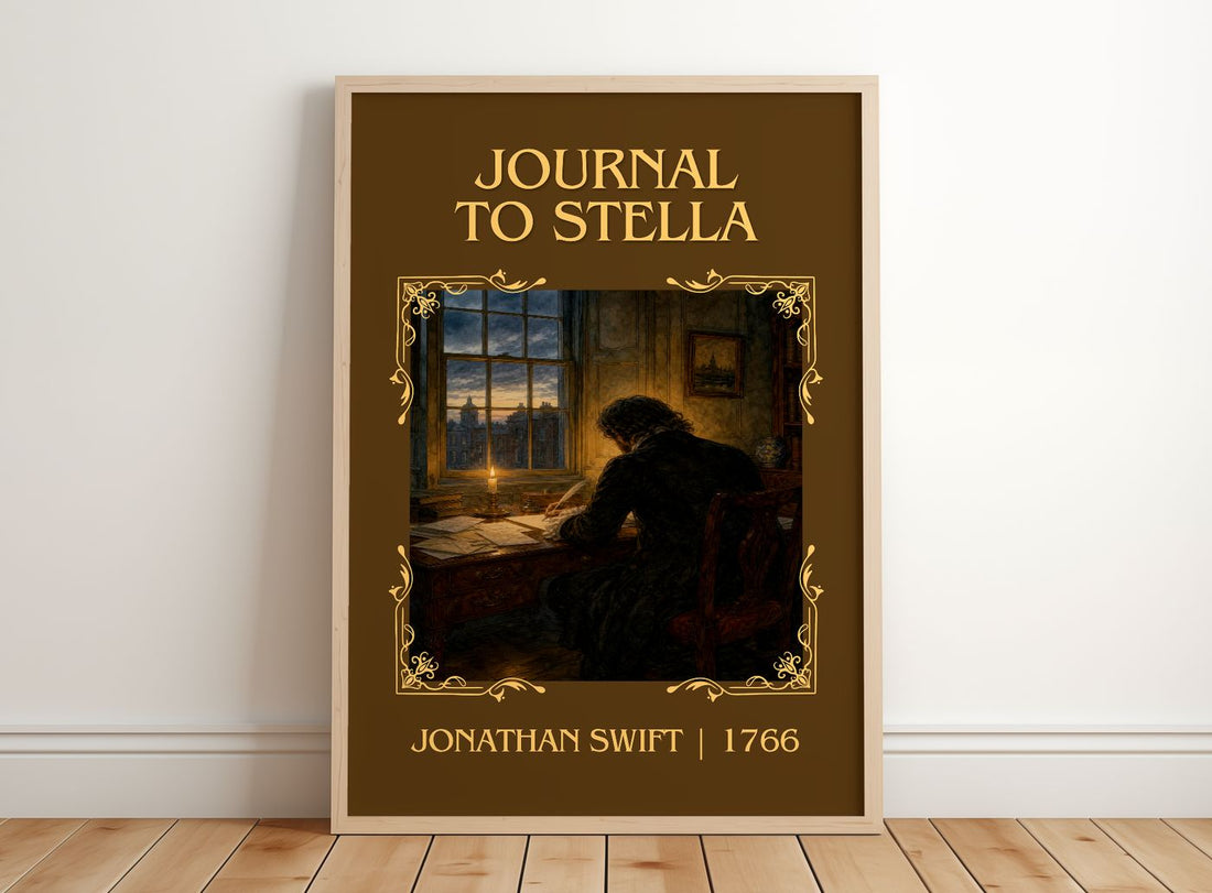 Journal To Stella Classic Book Art Print by Jonathan Swift – framed print leaning on a wooden floor