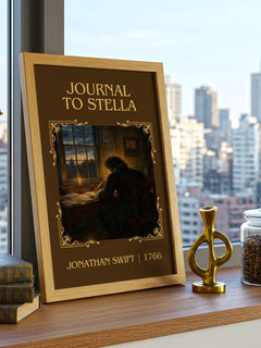 Journal To Stella Classic Book Art Print by Jonathan Swift – framed print on a city-view windowsill