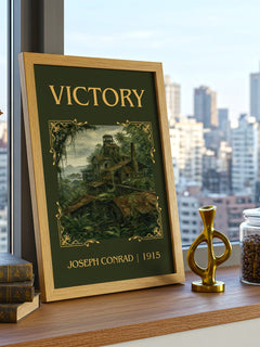 Victory Classic Book Art Print by Joseph Conrad – framed print on a city-view windowsill