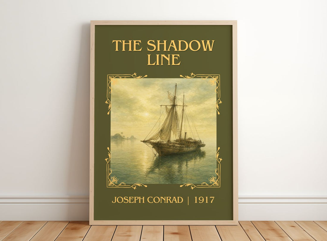 The Shadow Line Classic Book Art Print by Joseph Conrad – framed print leaning on a wooden floor