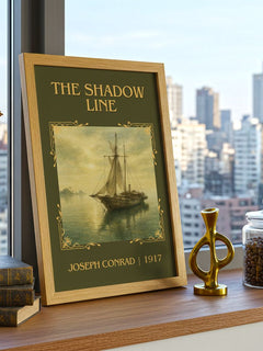 The Shadow Line Classic Book Art Print by Joseph Conrad – framed print on a city-view windowsill