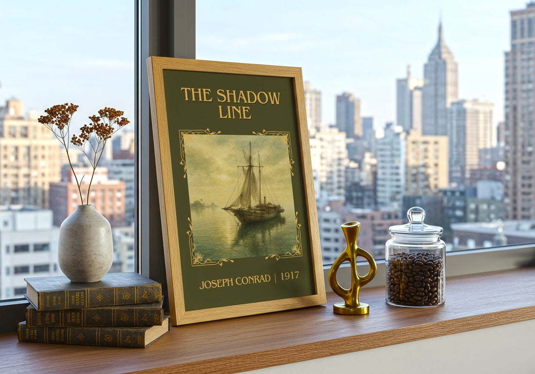 The Shadow Line Classic Book Art Print by Joseph Conrad – framed print on a city-view windowsill