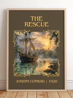 The Rescue Classic Book Art Print by Joseph Conrad – framed print leaning on a wooden floor