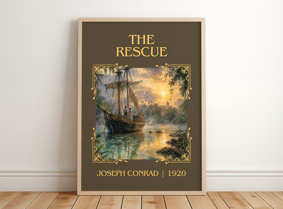 The Rescue Classic Book Art Print by Joseph Conrad – framed print leaning on a wooden floor