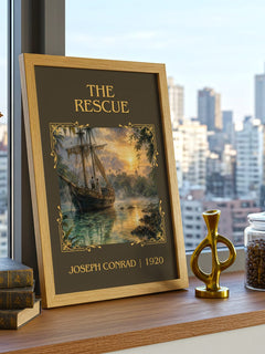 The Rescue Classic Book Art Print by Joseph Conrad – framed print on a city-view windowsill