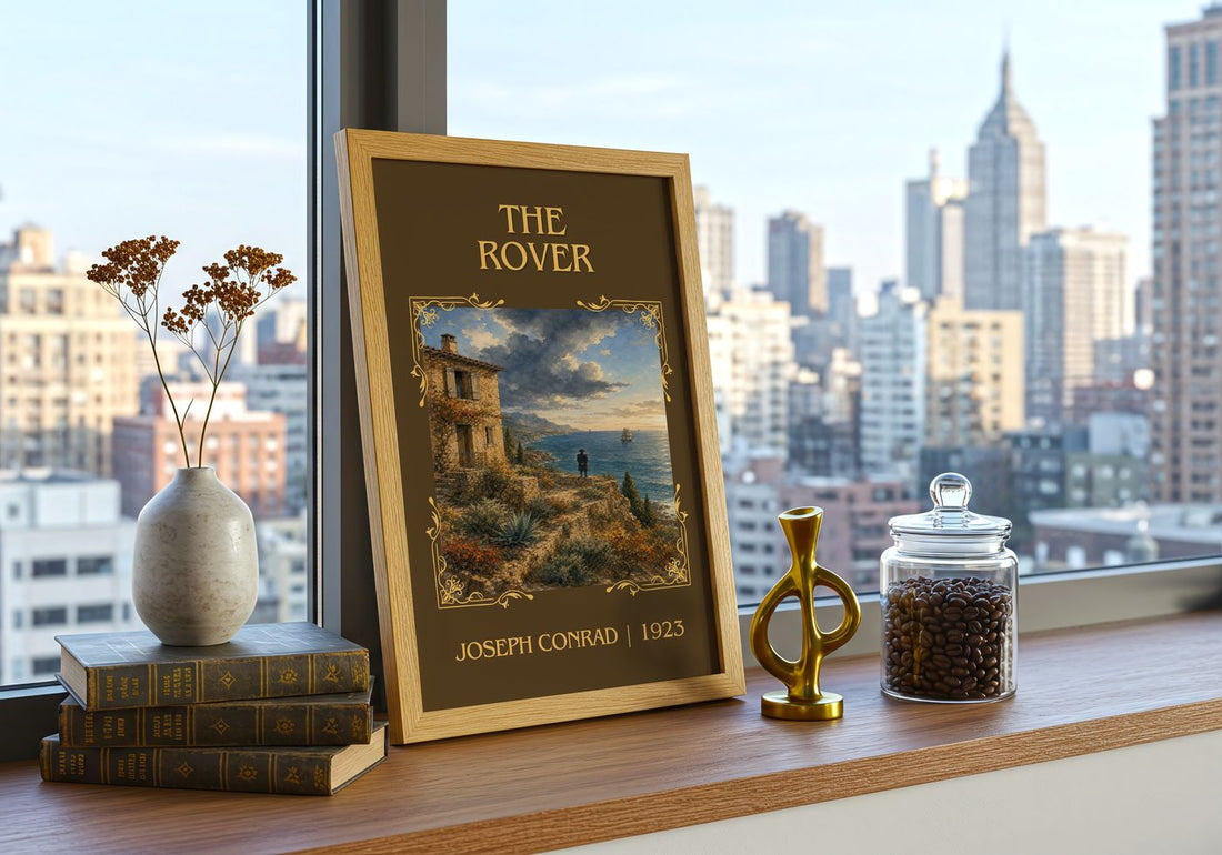 The Rover Classic Book Art Print by Joseph Conrad – framed print on a city-view windowsill