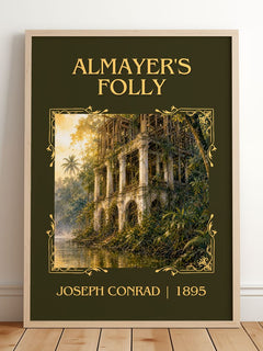 Almayer's Folly Classic Book Art Print by Joseph Conrad – framed print leaning on a wooden floor