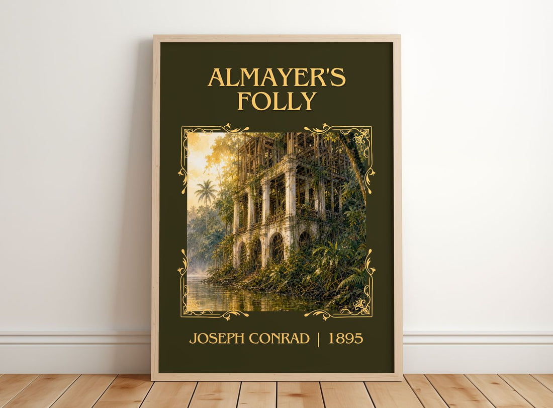 Almayer's Folly Classic Book Art Print by Joseph Conrad – framed print leaning on a wooden floor