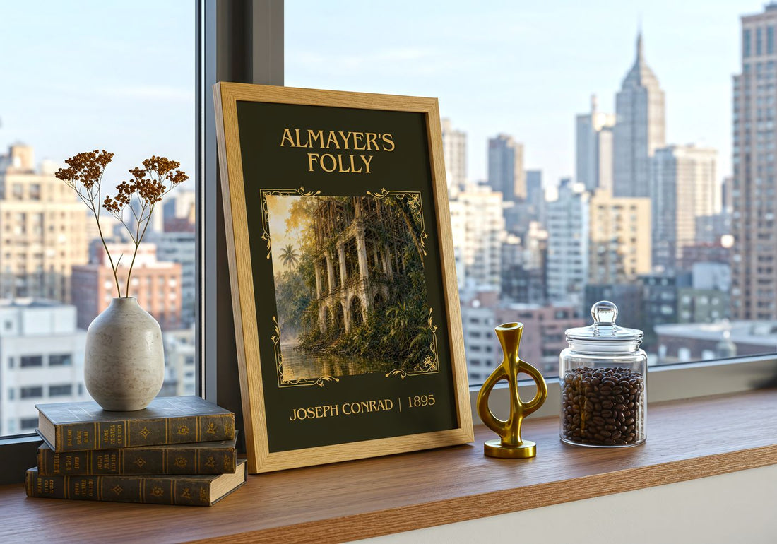 Almayer's Folly Classic Book Art Print by Joseph Conrad – framed print on a city-view windowsill